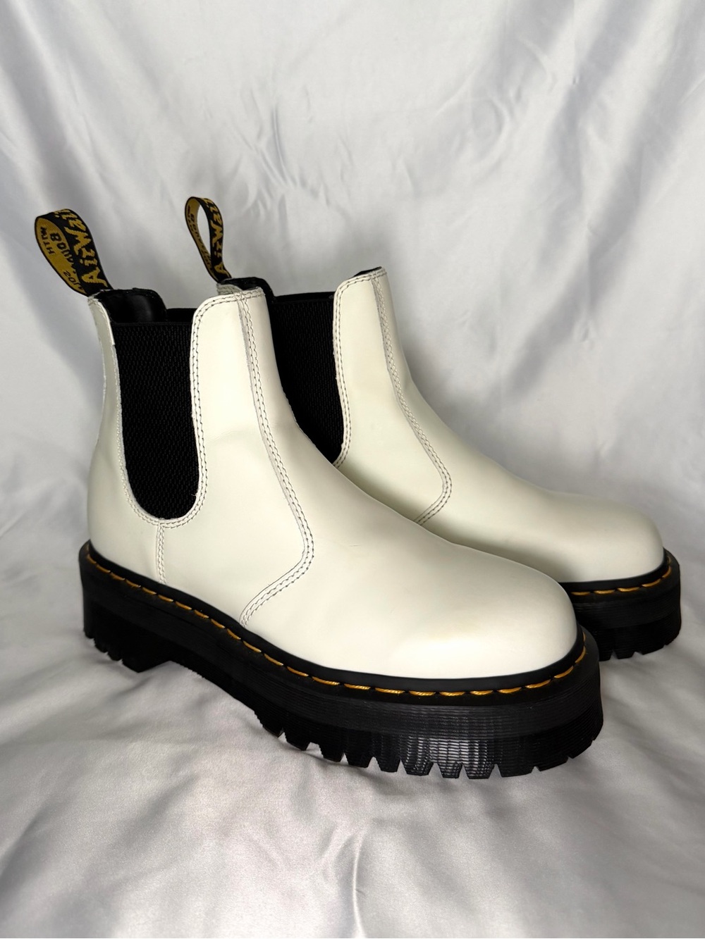 Dr. Martens White Chelsea Lug Sole Booties with Black Elastic